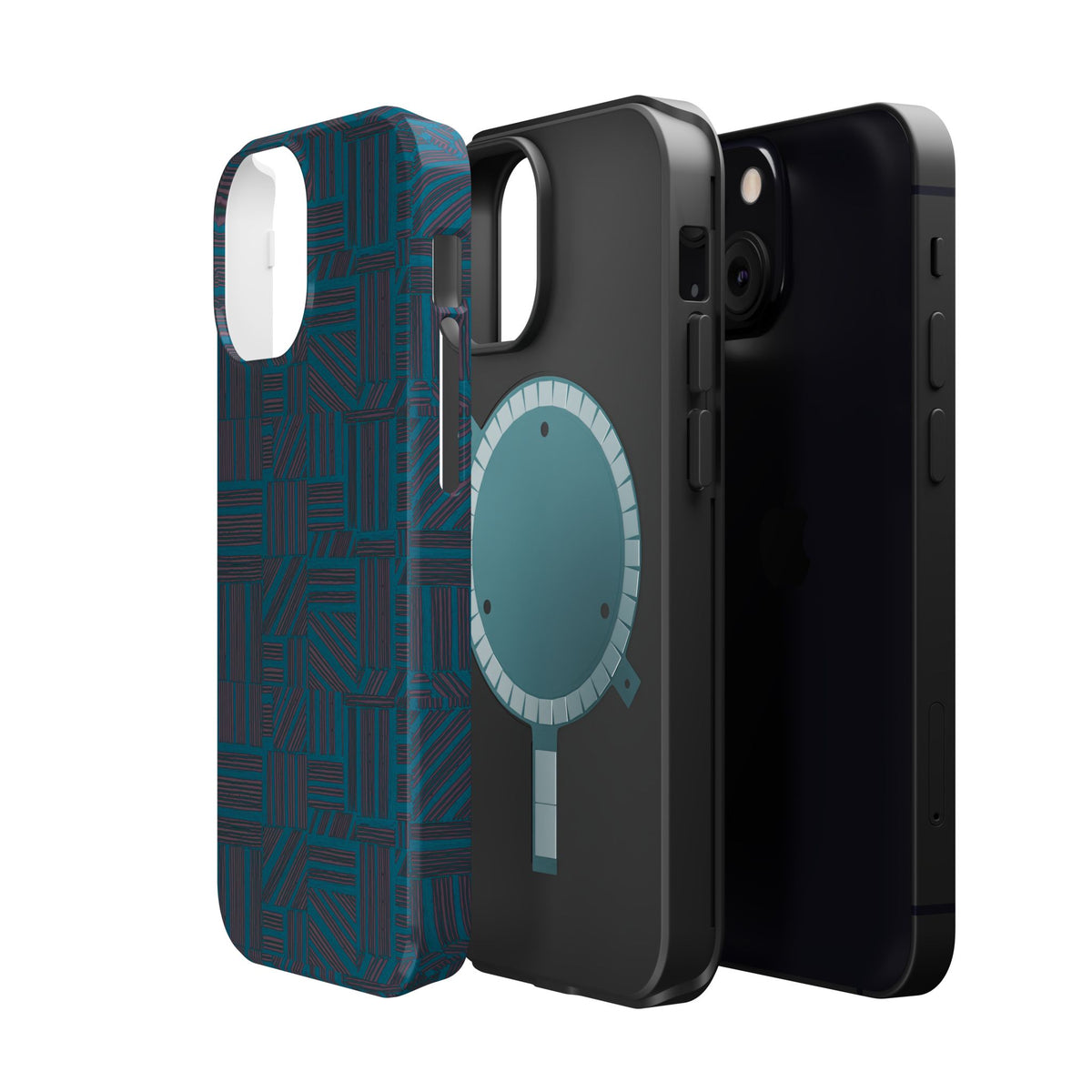 Impact Resistant Phone Case-20% OFF Entire Order, And Free Shipping, Teal Geometric MagSafe exploded view showing polycarbonate shell and inner liner; impact resistant iphone 17 case-20% OFF Entire Order, and Free Shipping.
