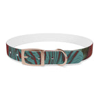 Rose gold buckle detail of the Marbled Swirl Dog Collar — Red & Teal Abstract Pet Collar, an intriguing hypoallergenic dog collar option.