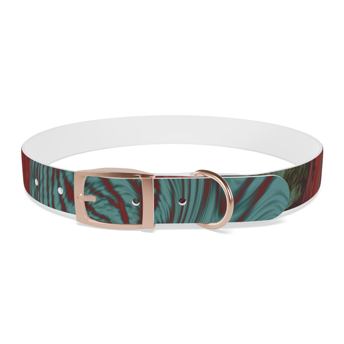 Rose gold buckle detail of the Marbled Swirl Dog Collar — Red & Teal Abstract Pet Collar, an intriguing hypoallergenic dog collar option.