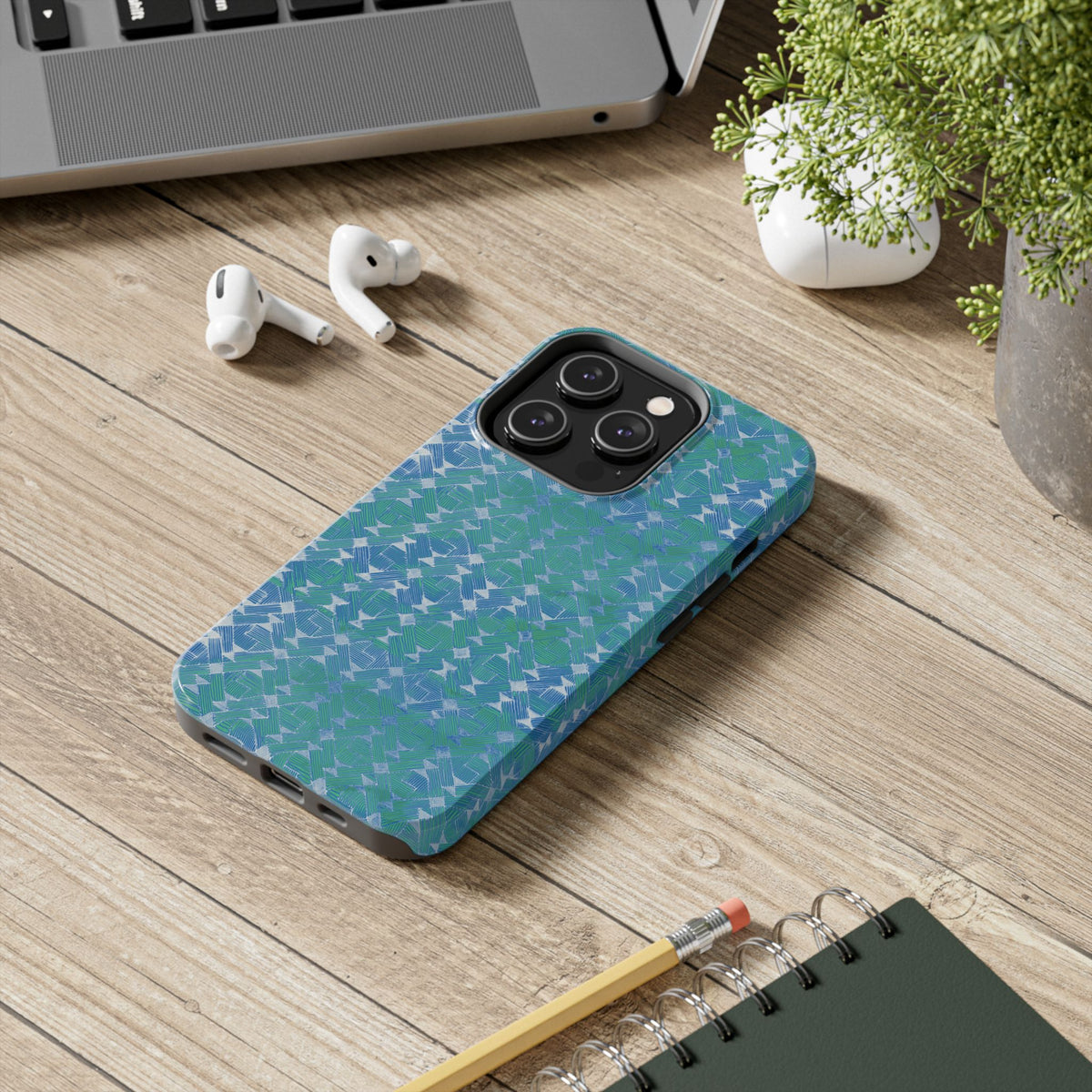 Tough Phone Case — Blue-Green Geometric Watercolor Pattern, shockproof iphone 17 pro case lifestyle product scene
