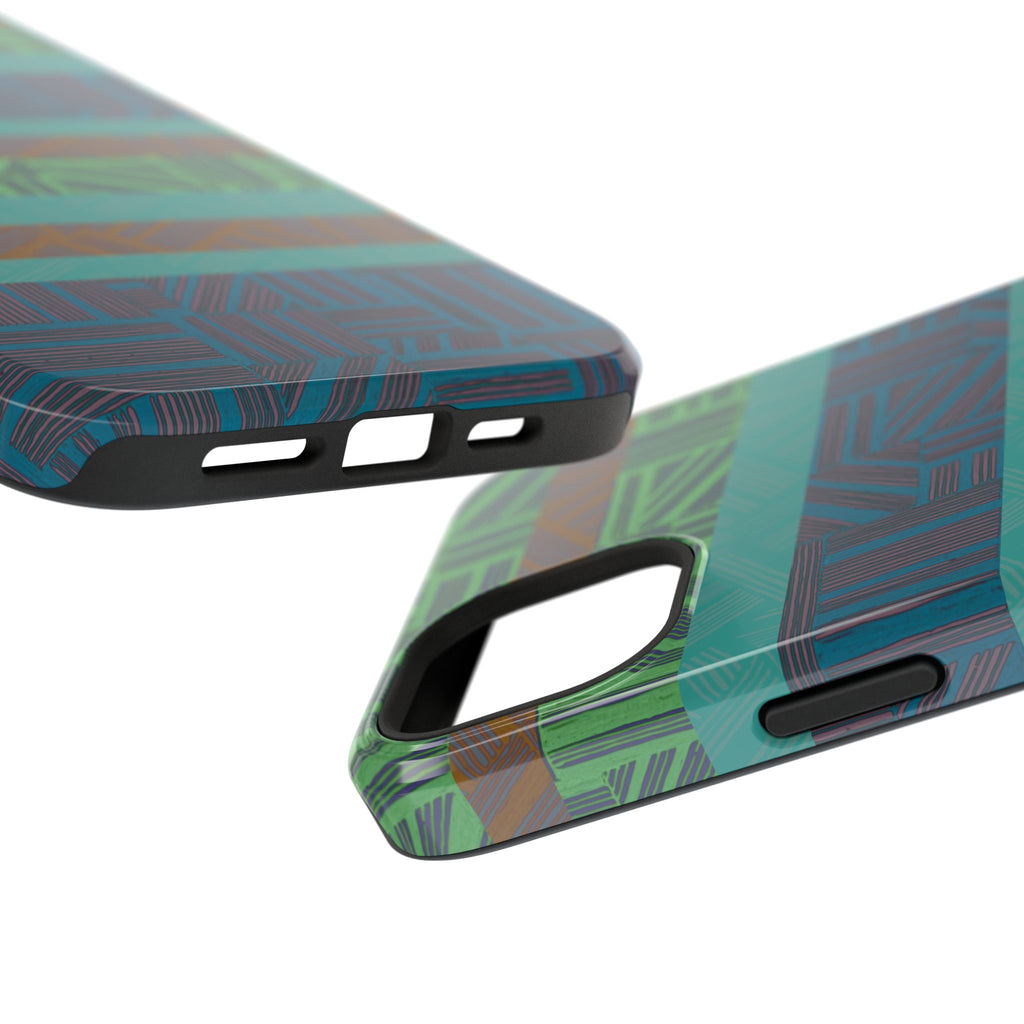 Green Geometric Stripe Phone Case — Impact-Resistant, wireless charging iphone 16 pro max case displayed as a protective shell over a black phone.