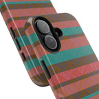 Striped Tribal Tough Phone Case — Retro Teal & Coral Protective Cover featuring a triple-camera opening and raised protective rim on a fractyl shockproof iphone 17 pro case