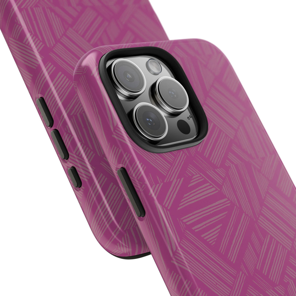 Magenta Geo Pattern Tough Phone Case — Protective Floral-Style Abstract Design, wireless charging iphone 18 pro case close-up with precise camera protection.