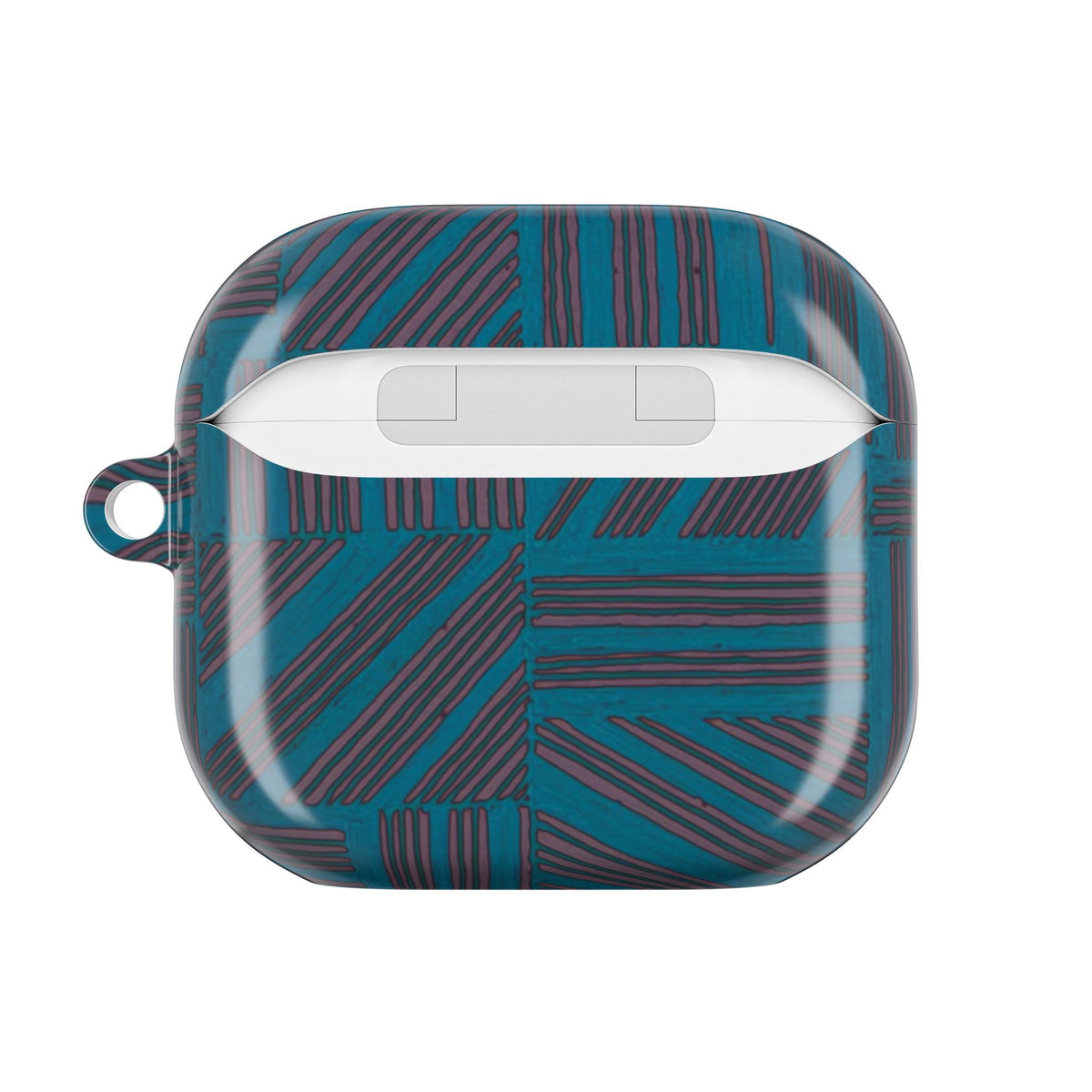 Geometric Teal Stripe AirPod Case — Modern Patterned Protective Cover, an airpod case with carabiner shown from the back with an accessible charging port.