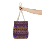 Bohemian Geometric Pattern Tote Bag — Purple & Gold All-Over Print, cream printed canvas tote held by hand