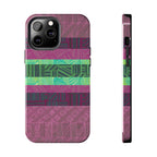 Fractyl glossy protective iphone 18 pro max case, Geometric Stripes Tough Phone Case — Purple & Teal Tribal Pattern, detailed front and side view