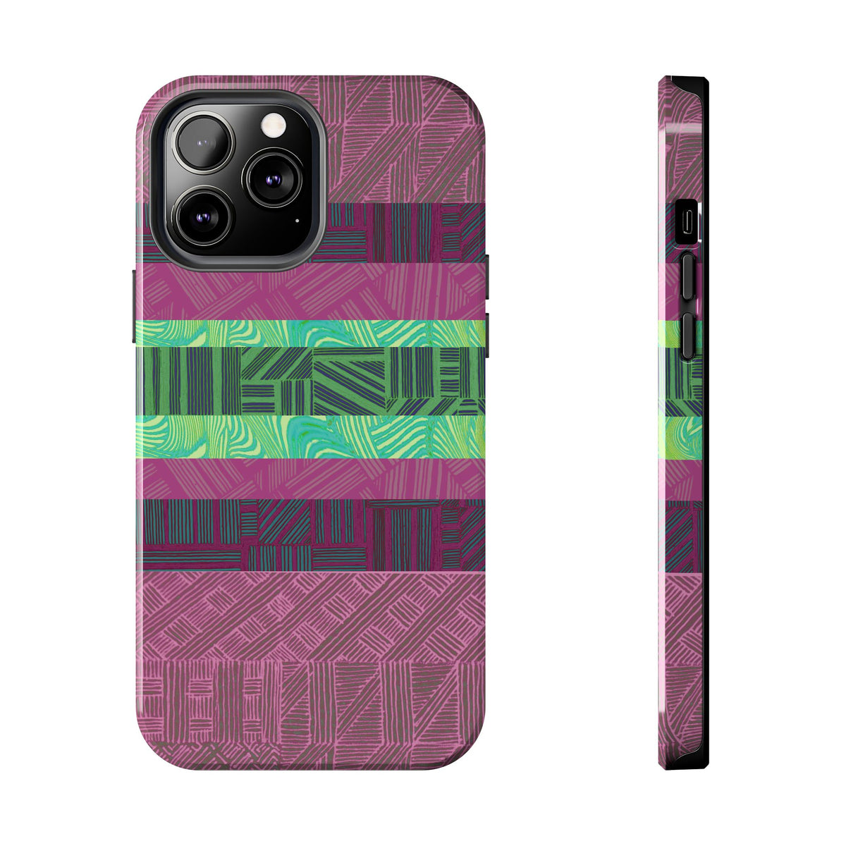 Fractyl glossy protective iphone 18 pro max case, Geometric Stripes Tough Phone Case — Purple & Teal Tribal Pattern, detailed front and side view