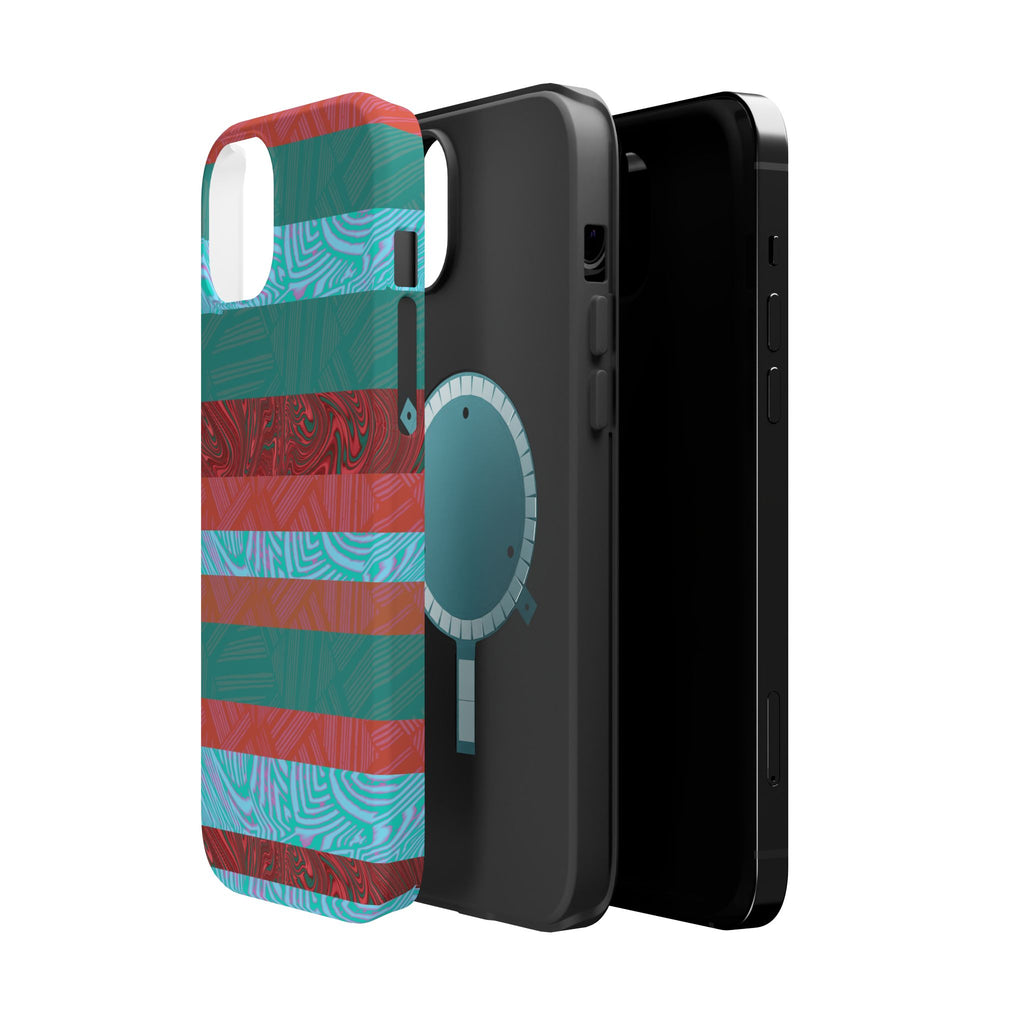 Striped Teal & Coral Magnetic Impact Phone Case dual-layer protective cover, Fractyl magsafe compatible iphone 18 pro max case