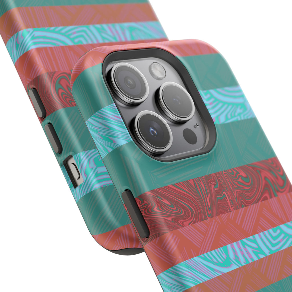 Striped Teal & Coral Magnetic Impact Phone Case standing against a modern interior, Fractyl magsafe compatible iphone 18 pro max case