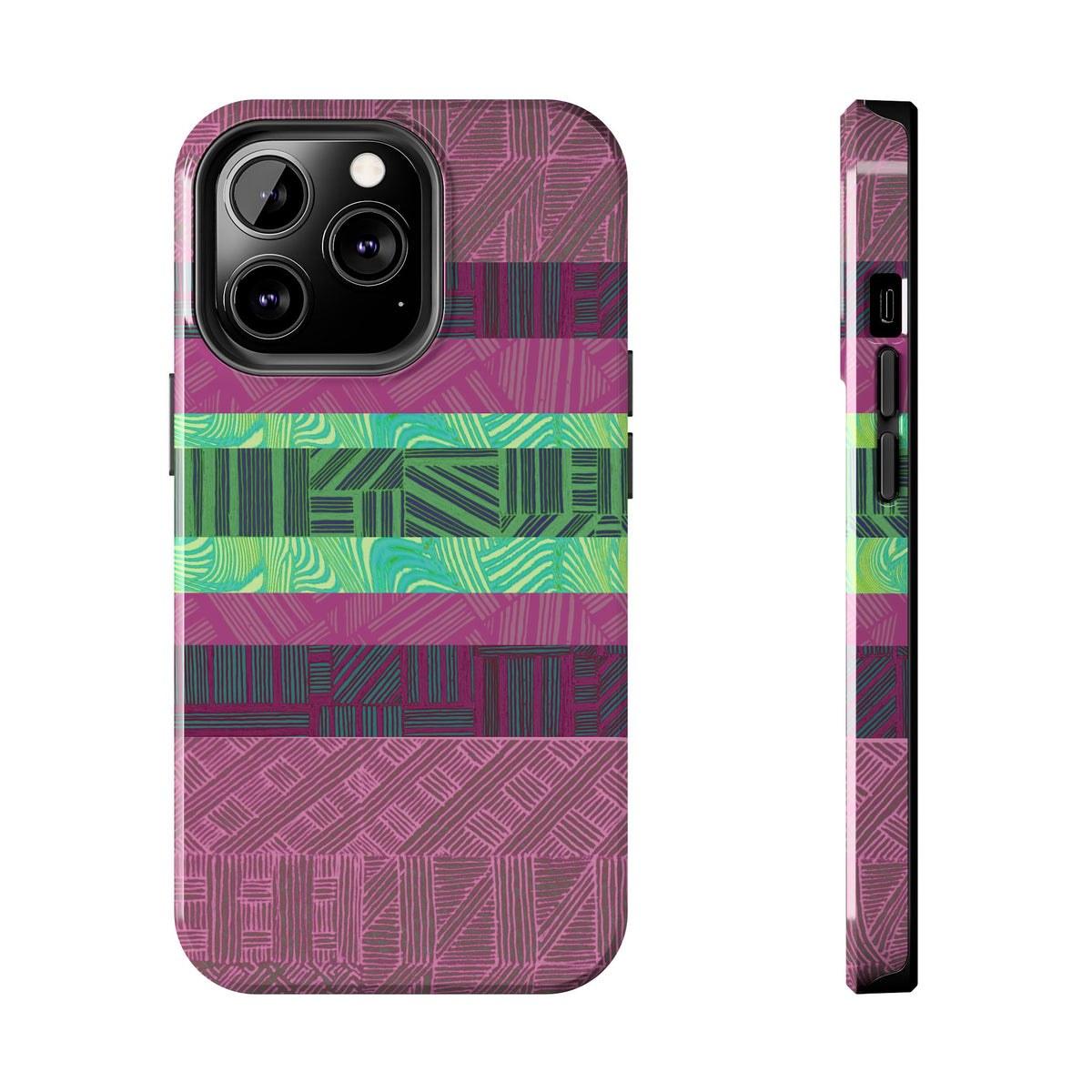 Fractyl glossy protective iphone 18 pro max case, Geometric Stripes Tough Phone Case — Purple & Teal Tribal Pattern, camera cutout and side profile