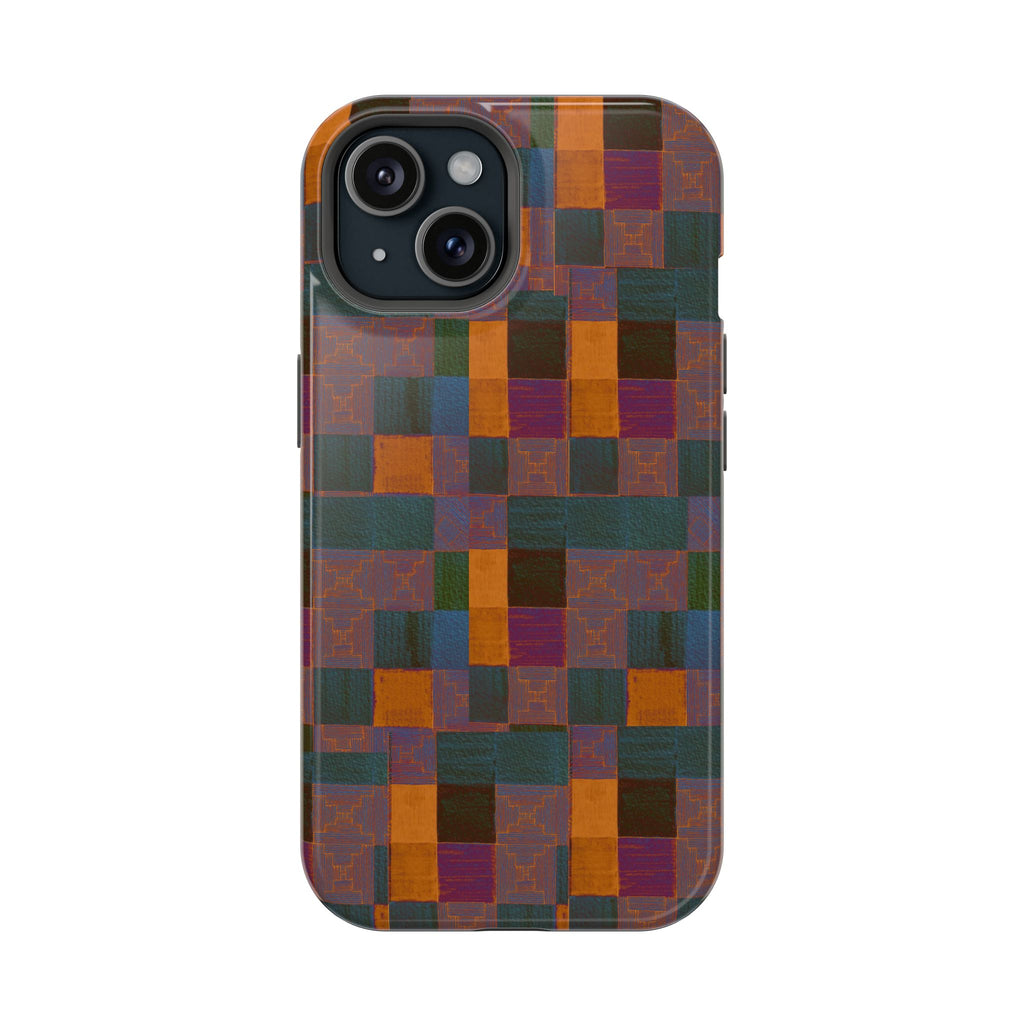 Impact-Resistant Phone Case — Retro Checkerboard Pattern, Fractyl wireless charging iphone 18 pro case shown in a front product view with deep green, burnt orange, and plum squares.