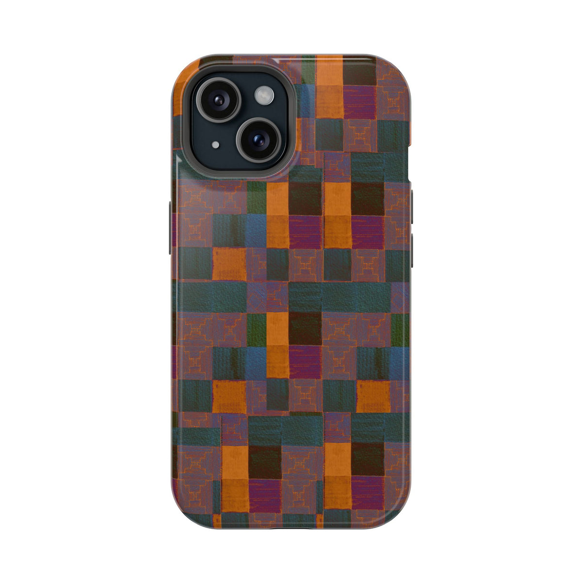 Impact-Resistant Phone Case — Retro Checkerboard Pattern, Fractyl wireless charging iphone 18 pro case shown in a front product view with deep green, burnt orange, and plum squares.