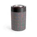 Geometric Coral Blue Can Cooler showcasing its modern design, perfect for keeping drinks cold. A stylish sweat-free drink holder for outdoor gatherings.
