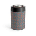 Geometric Coral Blue Can Cooler showcasing its modern design, perfect for keeping drinks cold. A stylish sweat-free drink holder for outdoor gatherings.