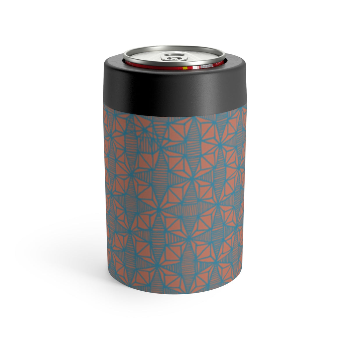 Geometric Coral Blue Can Cooler showcasing its modern design, perfect for keeping drinks cold. A stylish sweat-free drink holder for outdoor gatherings.