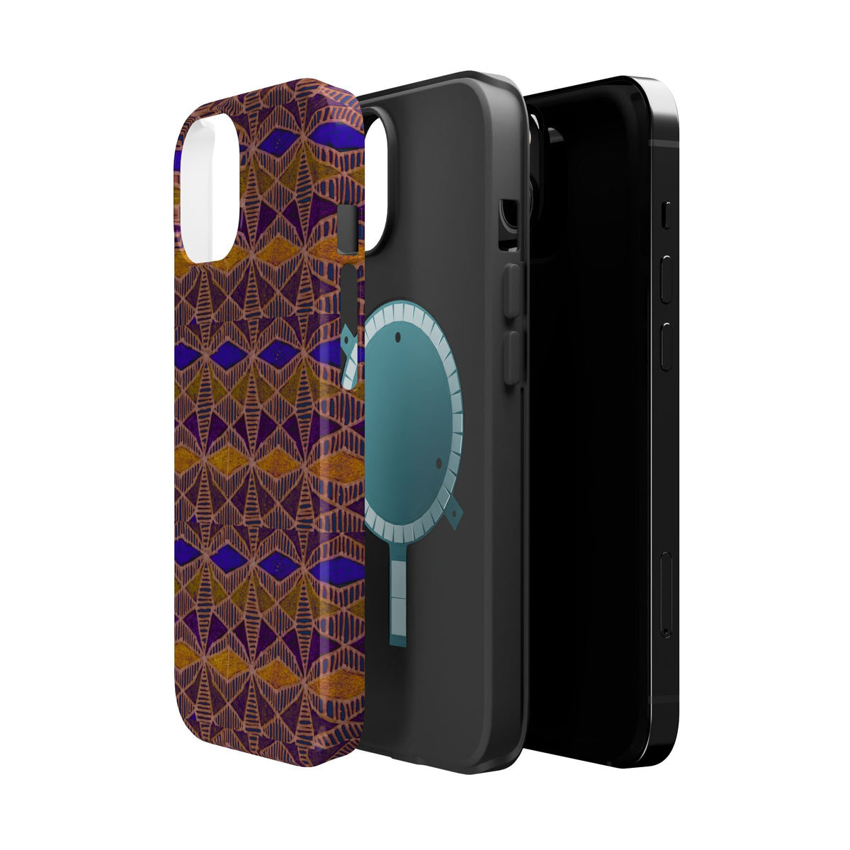 Phone Case — Geometric Tribal Pattern Magnetic Impact-Resistant Case, Fractyl impact resistant iphone 16 pro case shown in a detailed rear product view.