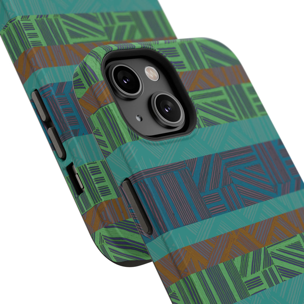 Green Geometric Stripe Phone Case — Impact-Resistant, wireless charging iphone 16 pro max case featuring a full-wrap blue, green, and brown print.