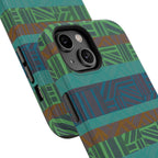 Green Geometric Stripe Phone Case — Impact-Resistant, wireless charging iphone 16 pro max case featuring a full-wrap blue, green, and brown print.