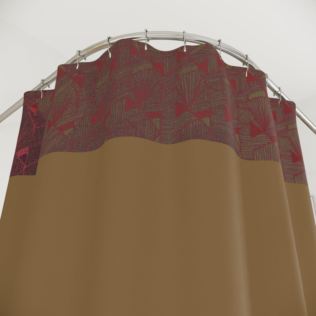 Close-up of the Earth Tone Striped Shower Curtain, highlighting its textured fabric shower curtain waterproof characteristics. The brown and red accents create a cozy atmosphere, making it perfect for a minimal shower space, while adding an earthy touch to your bathroom decor.