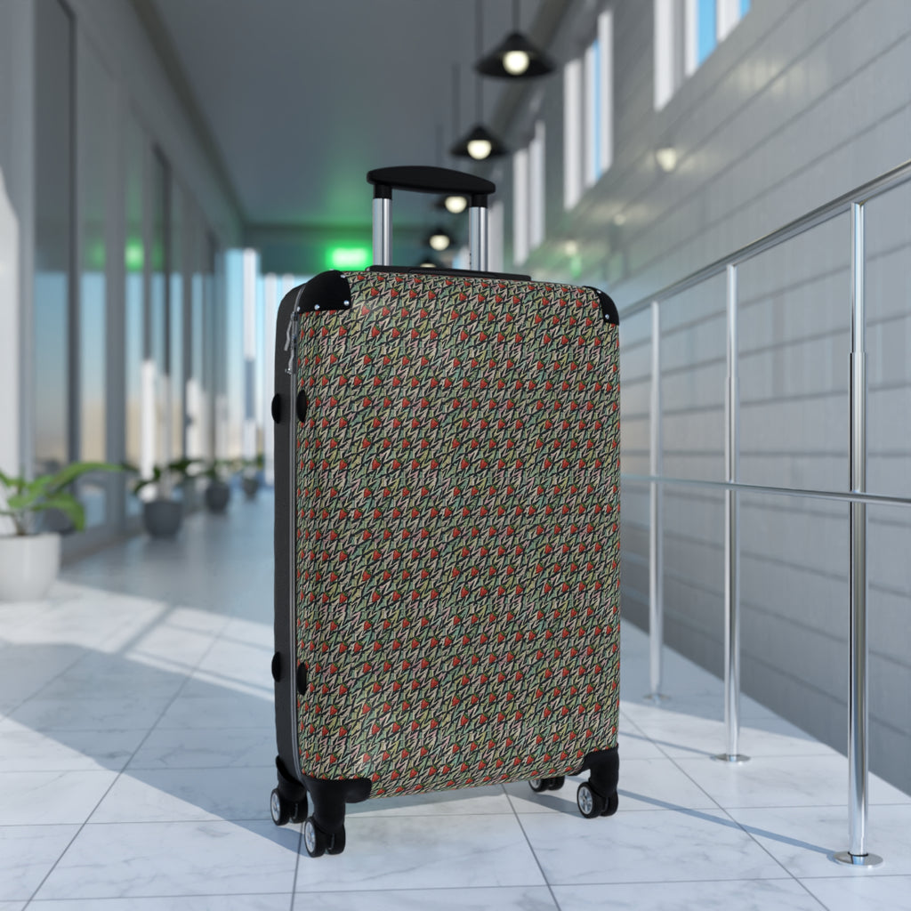 Houndstooth Carry-On Suitcase – Retro Red & Green Patterned Travel Luggage, hard shell carry on angled in an airport terminal with four double wheels
