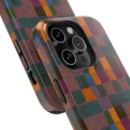Impact-Resistant Phone Case — Retro Checkerboard Pattern, Fractyl wireless charging iphone 18 pro case shown on a smartphone in a stylish angled product presentation.