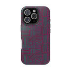 Slim Protective Phone Case With MagSafe, Dual-Layer Impact Protection, Plum Geometric Design, side angle showing slim case construction and control cutouts; slim protective iphone 16 promax  case.