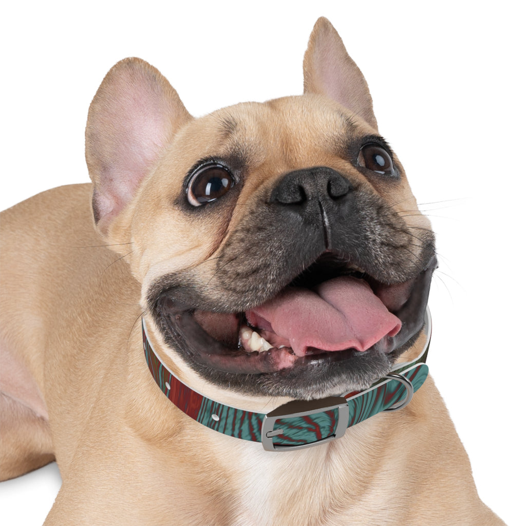 Vintage brass buckle on the Marbled Swirl Dog Collar — Red & Teal Abstract Pet Collar, showcasing its fashionable hypoallergenic dog collar design.