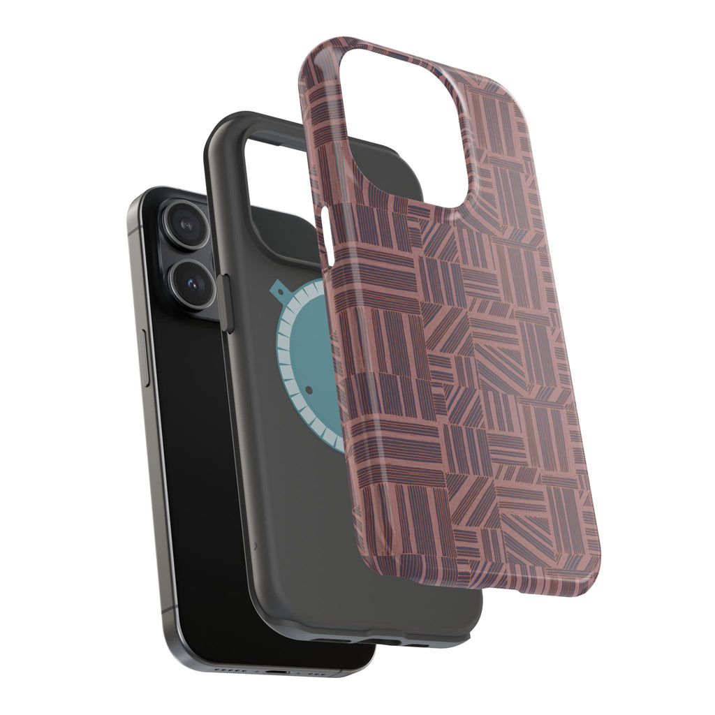 MagSafe Impact Resistant Phone Case - Geometric Brown Pattern, Dual-Layer Protection, dual-layer case shown with smartphone; impact resistant iphone 17 pro max case
