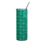 20 Oz Emerald Geometric Stainless Steel Tumbler with Reusable Metal Straw, showcasing the slim profile and intricate emerald geometric design of this 20 oz stainless tumbler
