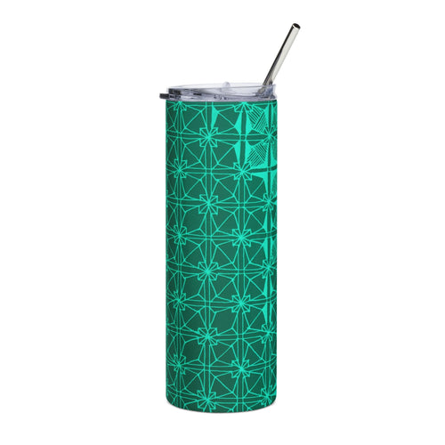 20 Oz Emerald Geometric Stainless Steel Tumbler with Reusable Metal Straw, showcasing the slim profile and intricate emerald geometric design of this 20 oz stainless tumbler