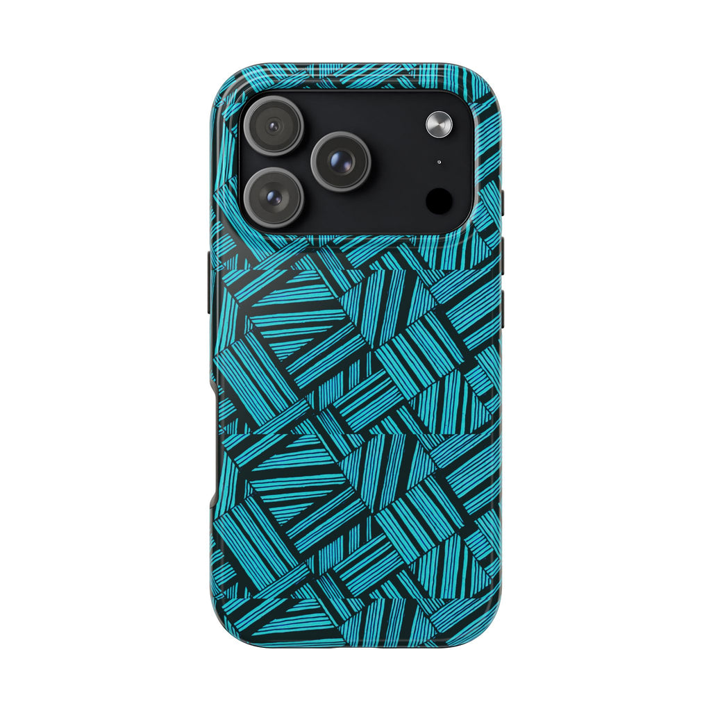 Teal Geometric Tough Phone Case — Durable Protective Phone Case with Modern Stripe Pattern, black camera panel on a shockproof iphone 18 pro max case