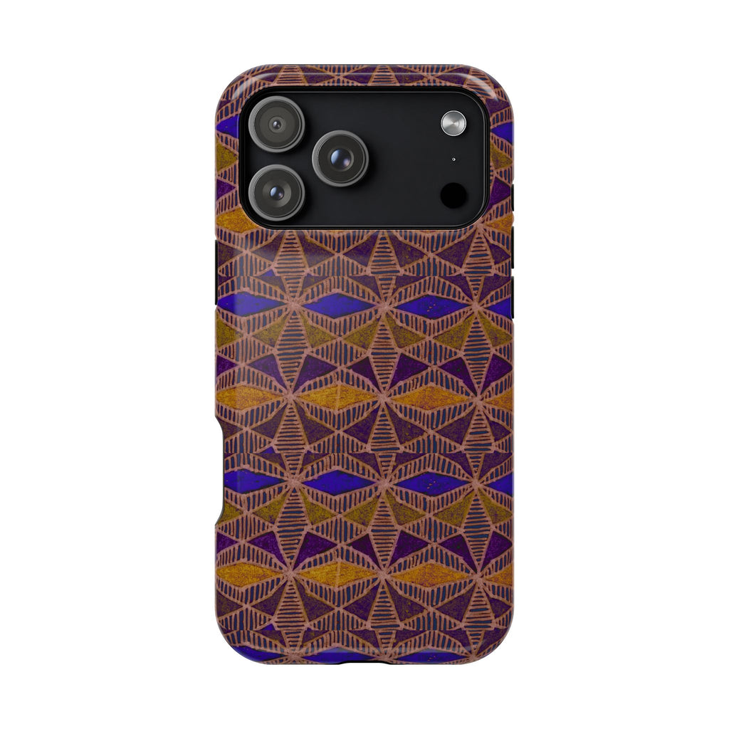 Phone Case — Geometric Tribal Pattern Magnetic Impact-Resistant Case, Fractyl impact resistant iphone 16 pro case shown in a vibrant tribal-inspired geometric print.