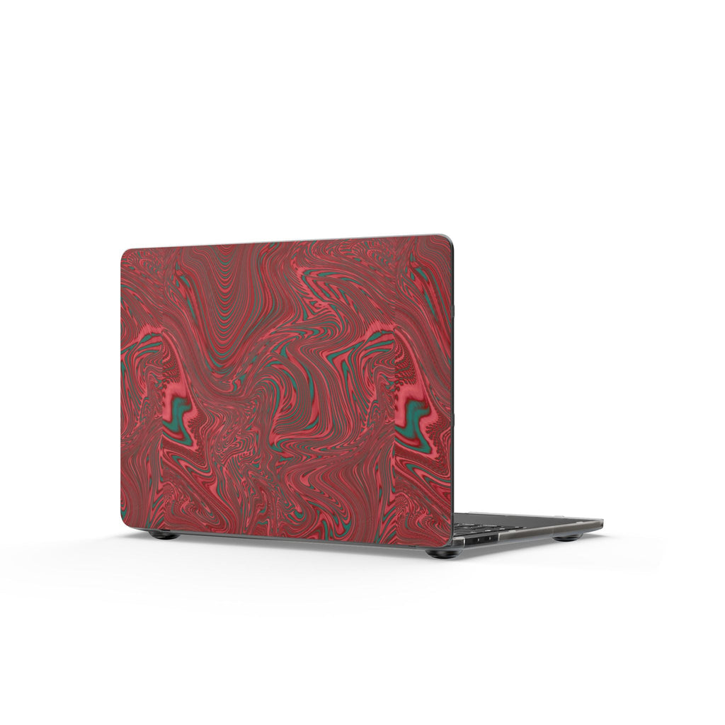 Detailed shot of the MacBook Case - Red Marble Swirl Matte Protective Cover highlighting its swirling red marble design. This stunning laptop skin is an excellent tech accessory for those working from home and adds personality to any artist laptop or boho-inspired workspace. A great gift choice for students or teachers.