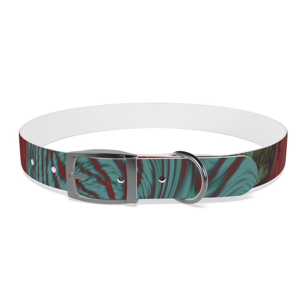 Side view of the silver buckle on the Marbled Swirl Dog Collar — Red & Teal Abstract Pet Collar, focused on its hypoallergenic dog collar features.