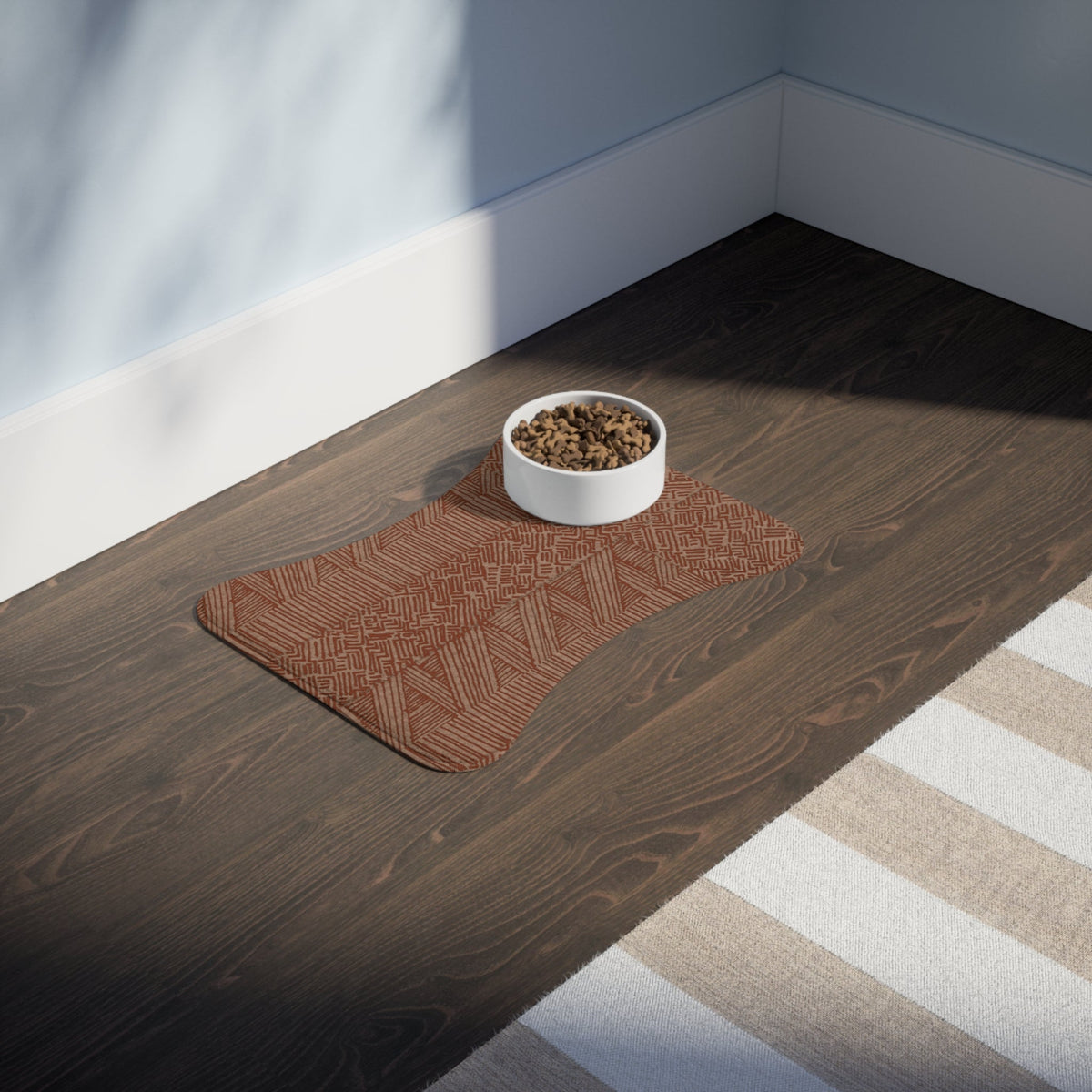 Rust Geometric Pet Feeding Mat — Non-Slip Food & Water Placemat for Dogs & Cats