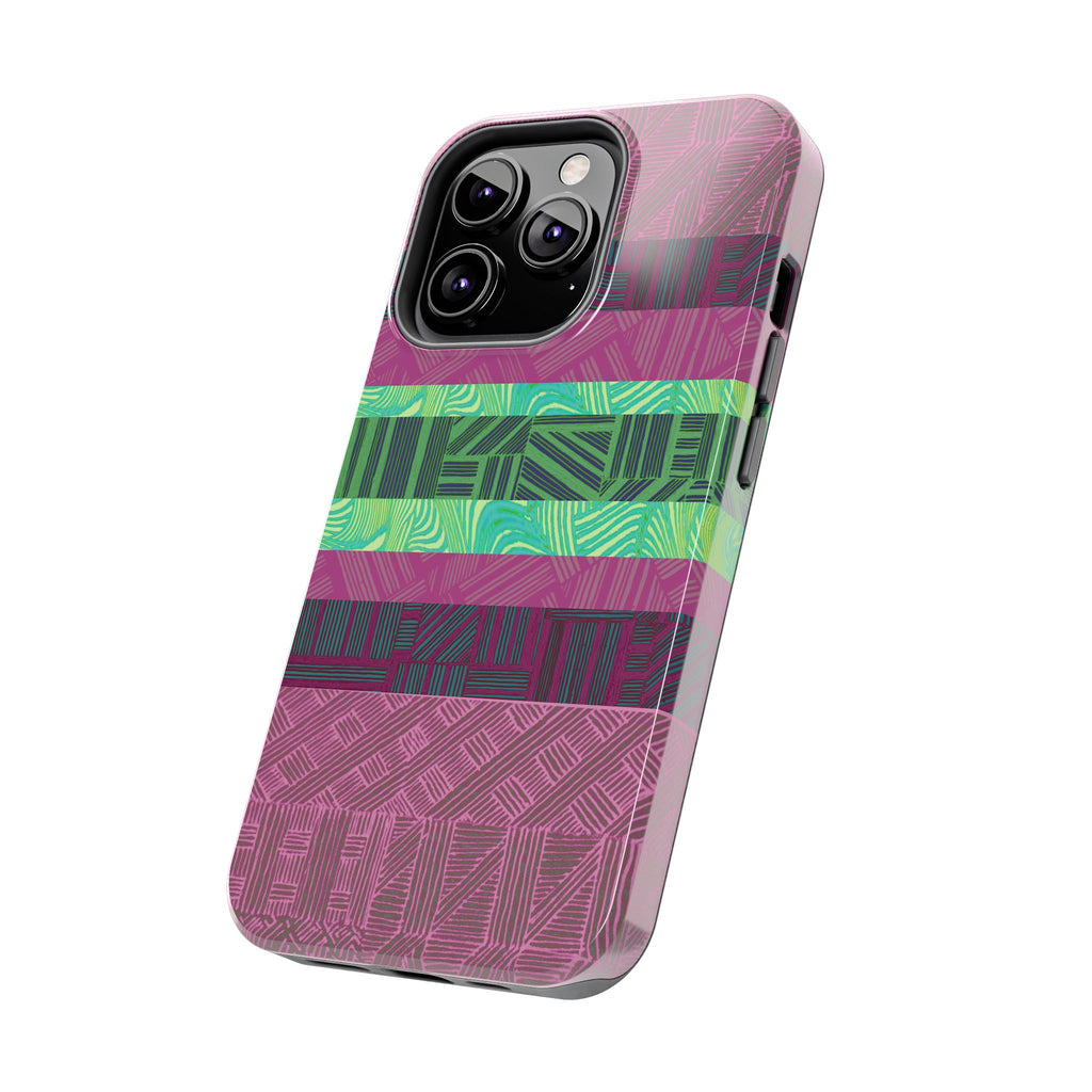 Fractyl glossy protective iphone 18 pro max case, Geometric Stripes Tough Phone Case — Purple & Teal Tribal Pattern, three-quarter product view