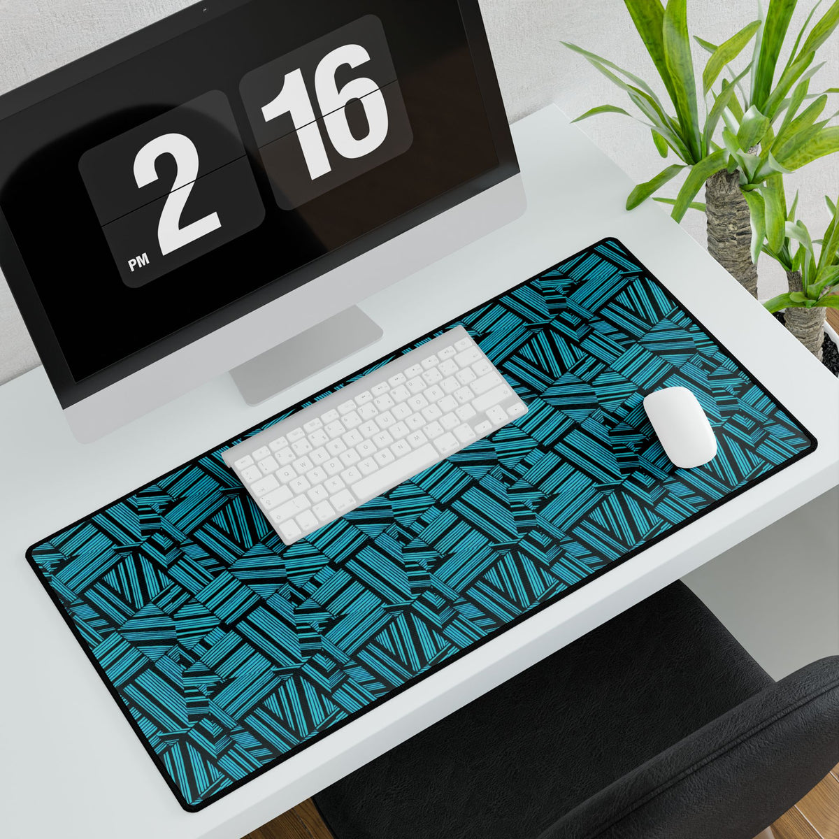 Geometric Teal Desk Mat — Large Patterned Mousepad for Office & Gaming, large gaming desk mat styled on a modern office desk with keyboard and white mouse