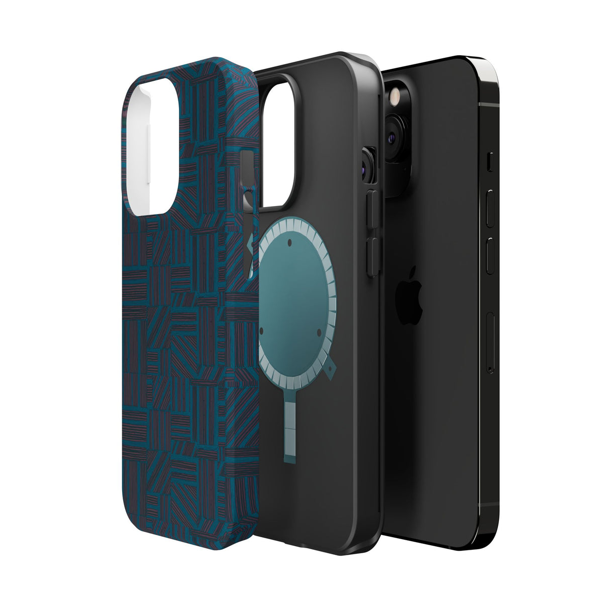 Impact Resistant Phone Case-20% OFF Entire Order, And Free Shipping, Teal Geometric MagSafe case with magnetic interior shown in an exploded view; impact resistant iphone 17 case-20% OFF Entire Order, and Free Shipping.