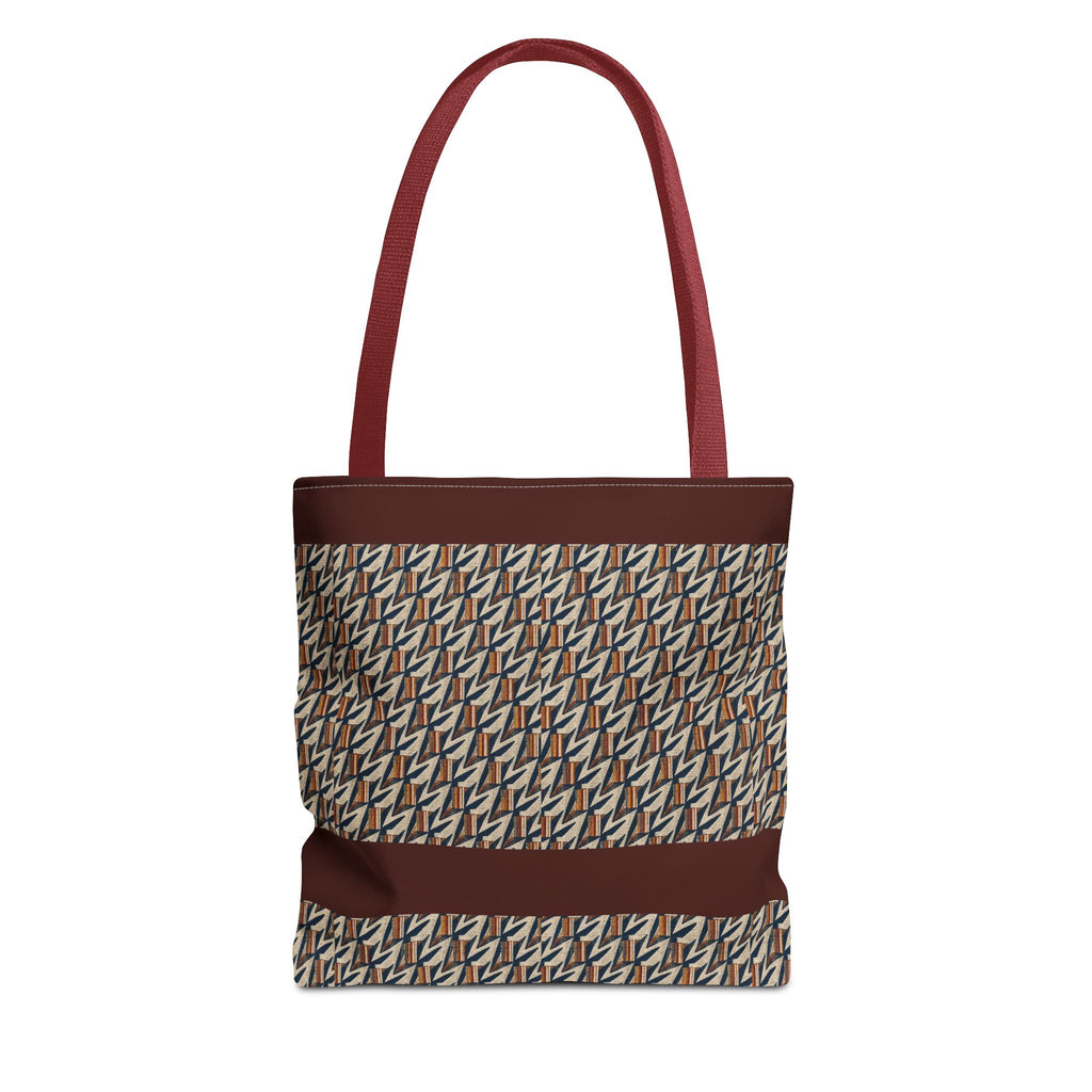 Geometric Retro Stripe Tote Bag – Vintage Brown Patterned AOP Tote with burgundy handles, large everyday cotton tote for stylish daily carry