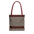 Geometric Retro Stripe Tote Bag – Vintage Brown Patterned AOP Tote with burgundy handles, large everyday cotton tote for stylish daily carry