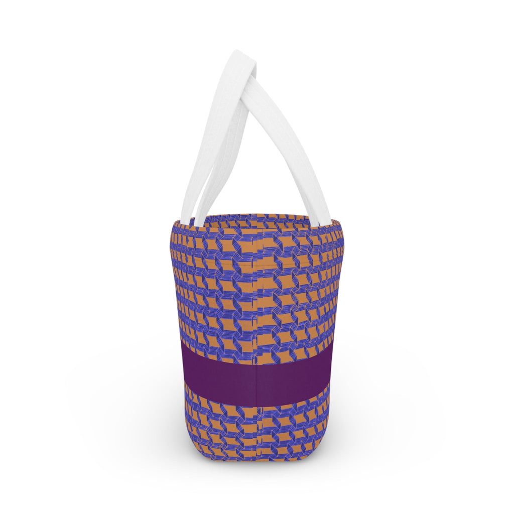 Bright insulated lunch bag with an eye-catching purple and orange woven design, perfect for school lunches, kids lunch, or work lunch. This reusable lunch bag also functions as a patterned lunch option or stylish picnic tote.