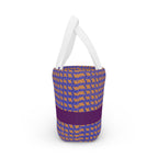 Bright insulated lunch bag with an eye-catching purple and orange woven design, perfect for school lunches, kids lunch, or work lunch. This reusable lunch bag also functions as a patterned lunch option or stylish picnic tote.