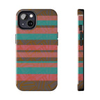 Striped Tribal Tough Phone Case — Retro Teal & Coral Protective Cover, front and side view of fractyl shockproof iphone 17 pro case with teal, coral, terracotta, and brown stripes