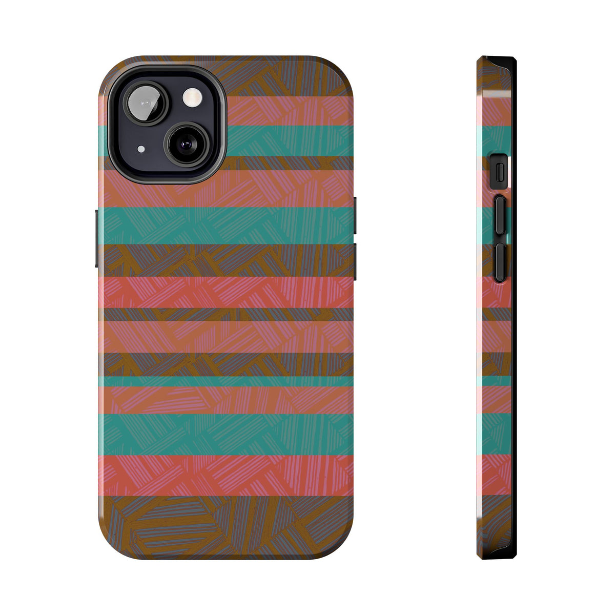 Striped Tribal Tough Phone Case — Retro Teal & Coral Protective Cover, front and side view of fractyl shockproof iphone 17 pro case with teal, coral, terracotta, and brown stripes