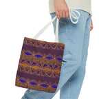 Bohemian Geometric Pattern Tote Bag — Purple & Gold All-Over Print, model carrying a white-handle printed canvas tote