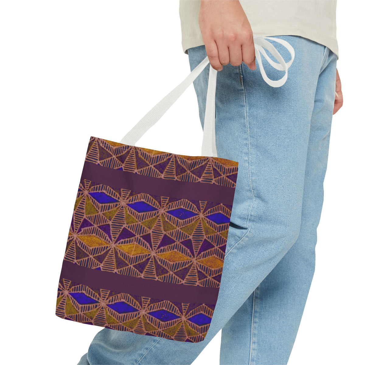 Bohemian Geometric Pattern Tote Bag — Purple & Gold All-Over Print, model carrying a white-handle printed canvas tote