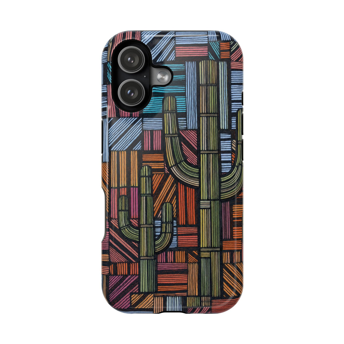 Magnetic Impact-Resistant Phone Case — Geometric Cactus Pattern, an impact resistant iphone 17 pro case with a colorful geometric cactus design and precise camera cutouts.