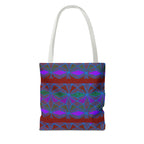 Geometric Heart Pattern Tote Bag — Vintage Tribal All-Over Print, geometric canvas tote bag with white handles and vivid tribal print