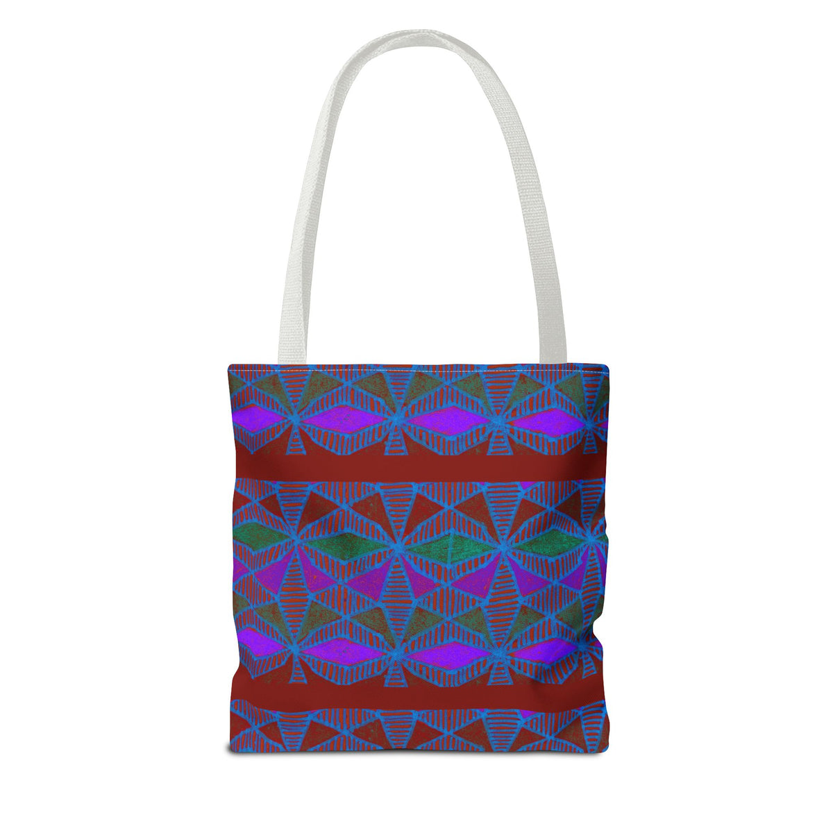 Geometric Heart Pattern Tote Bag — Vintage Tribal All-Over Print, geometric canvas tote bag with white handles and vivid tribal print