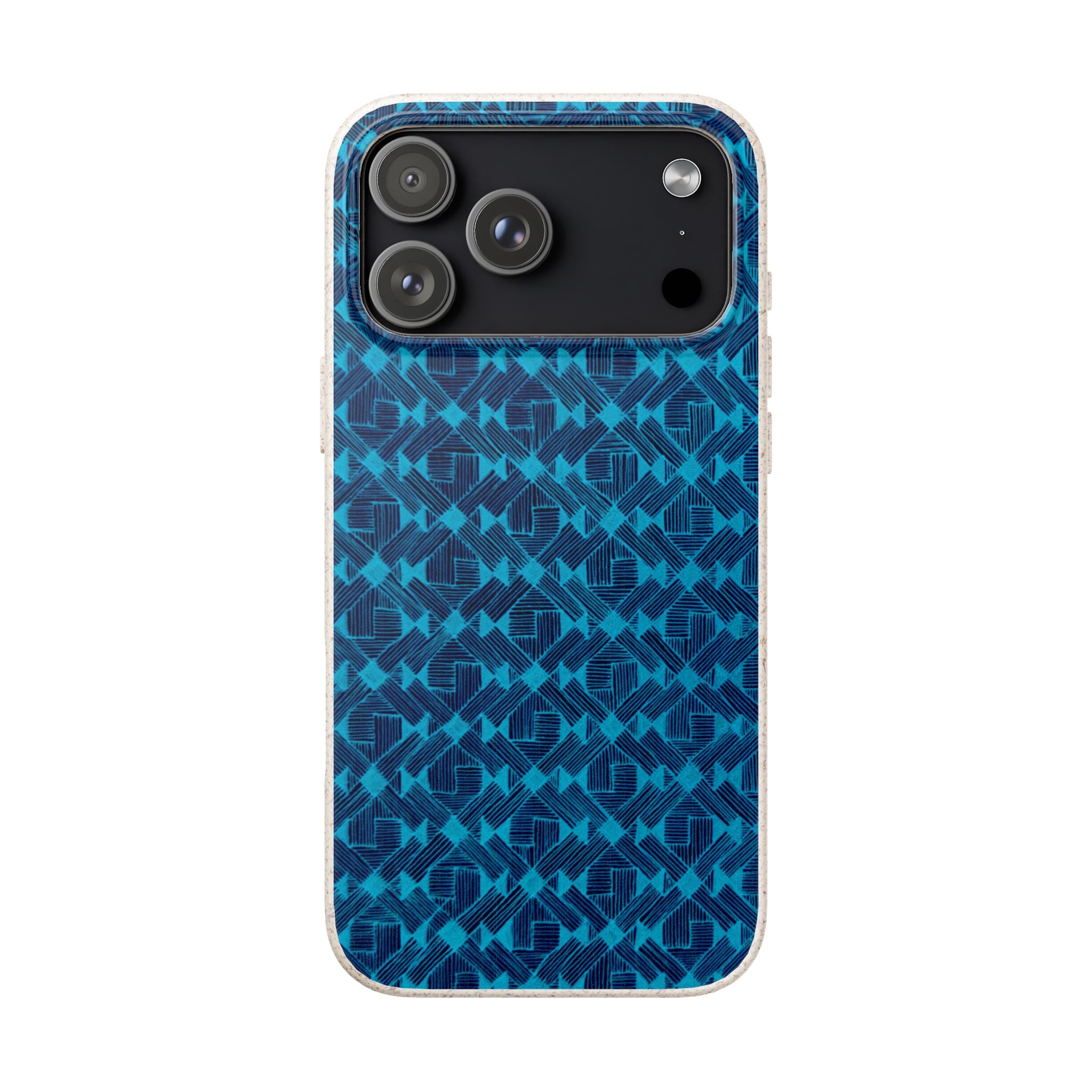 Eco-Friendly Blue Geometric Plant-Based Phone Case – Biodegradable & MagSafe® Compatible, showcasing vibrant blue geometric patterns on a sleek frosted matte finish.
